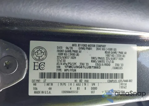 2020 Ford Escape Se из США, поврежденный, VIN 1FMCU9G61LUB75883